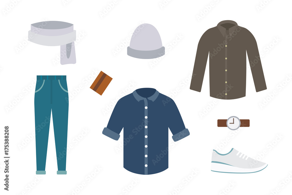 Collection of various wear and shoes for cold season. Mens autumn look. Clothing in flat style design Collection of various wear and shoes for cold season. Mens autumn look. Clothing in flat style design