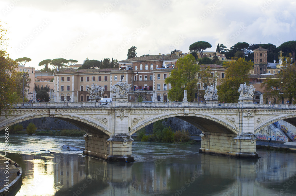 bridge in Rome. sunset on the river. architecture.