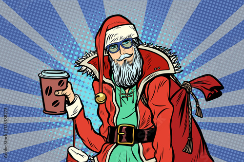 close-up Hipster Santa Claus with a Cup of coffee