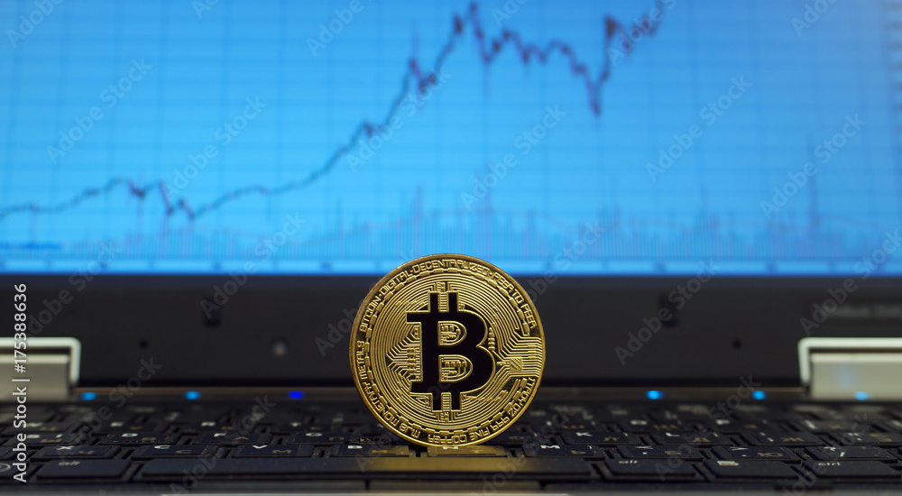 Coin of bitcoin on the notebook keyboard.