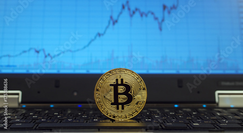 Obraz na płótnie Coin of bitcoin on the notebook keyboard. w salonie
