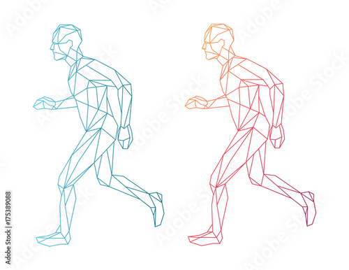 Polygon wireframe vector running man - blue and red version - energy  active lifestyle  sport concept