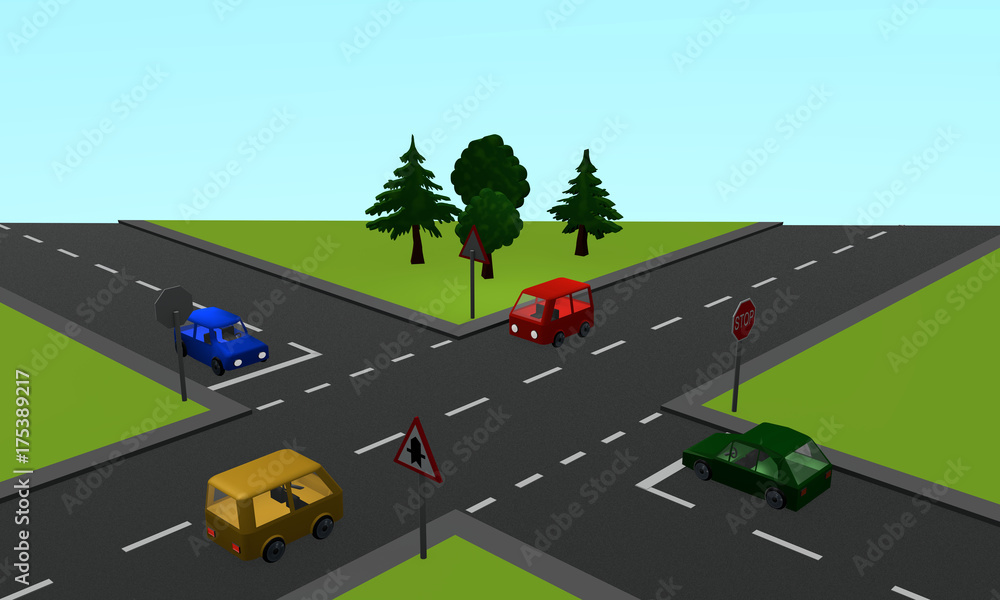 Verkehrssituation vier Autos an einer Kreuzung mit Vorfahrt und Stoppschild StockIllustration