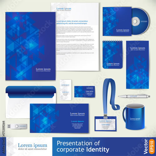 Blue corporate identity template with digital elements. Vector company style for brandbook and guideline.