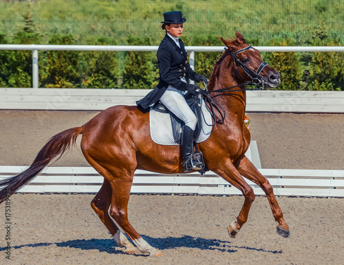 Young elegant rider woman and sorrel horse. Beautiful girl at advanced dressage test on equestrian competition. Professional female horse rider, equine theme. Saddle, bridle, boots and other details. © taylon