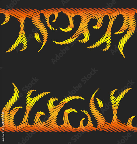 Fire embroidery vector image. Embroidered flame fashion patch or pin hot element for card, poster,clothing, bag,horror,decoration horror