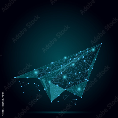 Abstract mash line and point origami plane. Vector business illustration. Polygonal low poly aircraft. Hided potential, motivation, business goal and personal growth concept.