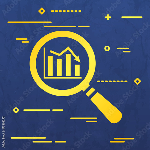 Flat Line design graphic image concept of search icon of graph going down in magnifying glass on a blue  paper layer background