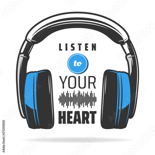 typography with headphones, isolated music concept vector design, t shirt graphics, vector icon, blue