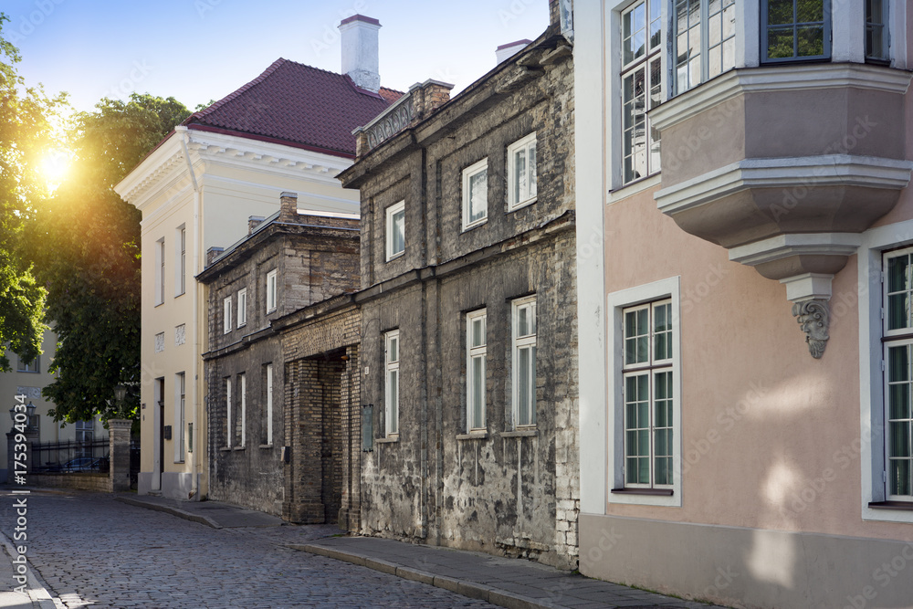 Old houses on the Old city streets. Tallinn. Estonia.