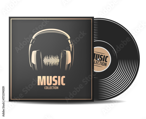 Realistic vinyl record with cover mockup. typography with headphones and sound wave. Music collection. Front view. Vector illustration. Place your design