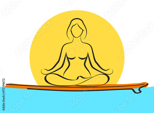 Woman relaxing in yoga pose on paddle board on water. Stand up paddle yoga workout.
