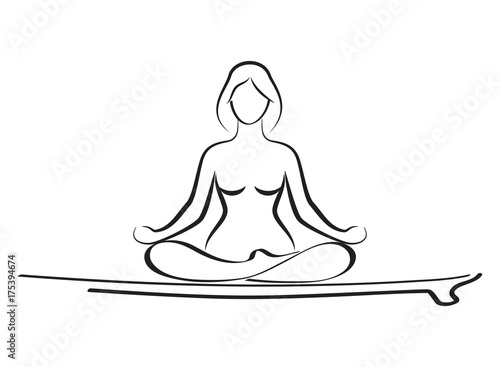 Woman relaxing in yoga pose on paddle board on water. Stand up paddle yoga workout.