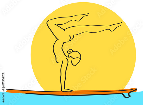 Woman staying in yoga pose on paddle board on water. Stand up paddle yoga workout.