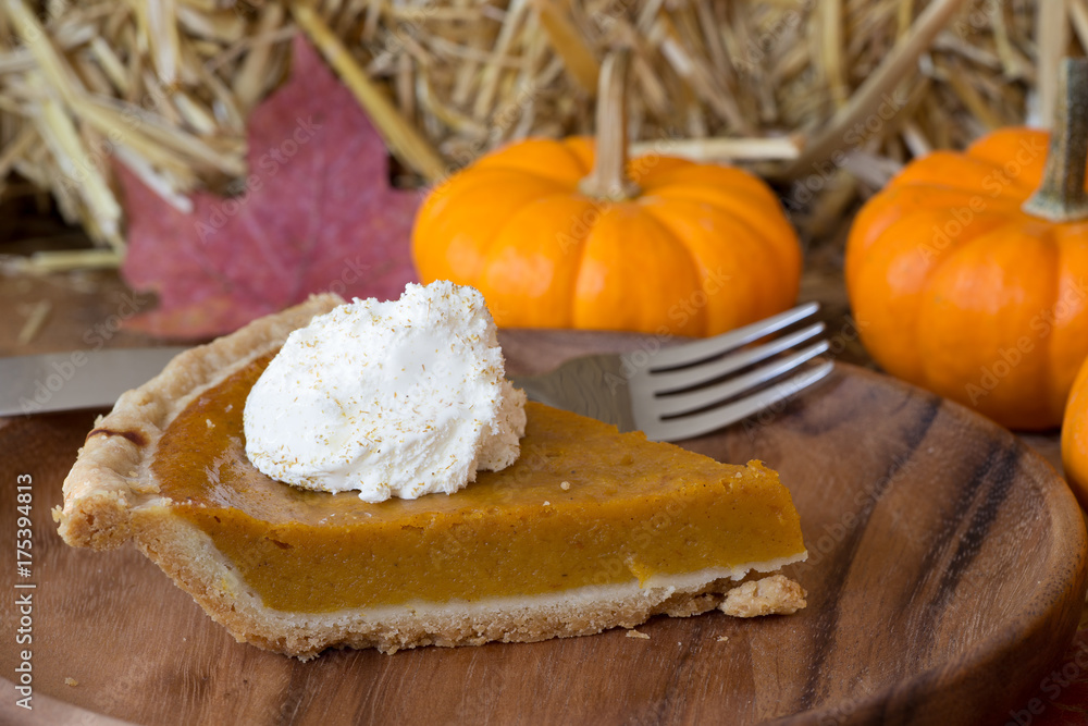 Slice of Pumpkin Pie With Whipped Cream Topping