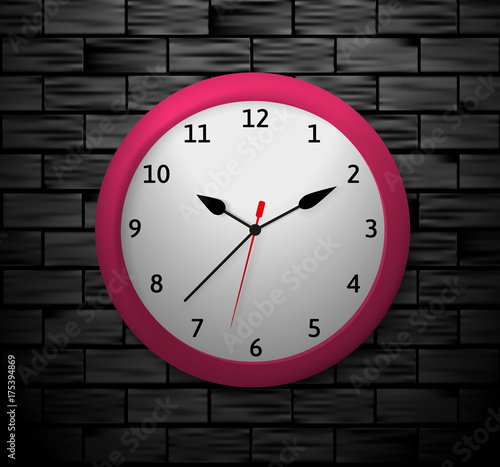 Vector illustration of a red clock showing the specified time. An object on a black brick background.