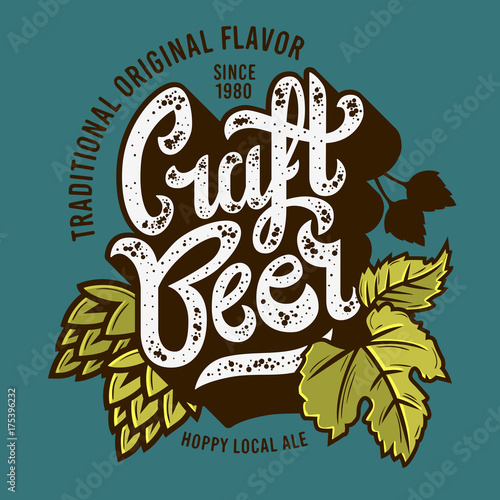 Craft Beer Label With Leaves And Hops Illustration. Vector Graph