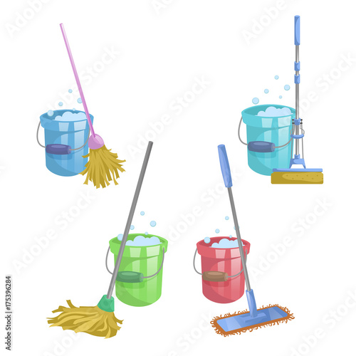 Cartoon house and apartment cleaning service icon set. Mops with bucket with washing liquid.  Modern plastic dry mop old mop, squeeze mop. Simple colors and gradient vector illustration.