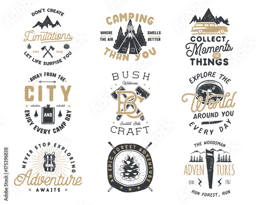Vintage hand drawn travel badge and emblem set. Hiking labels. Outdoor adventure inspirational logos. Typography retro style. Motivational quotes for prints, t shirts, travel mug. Stock design