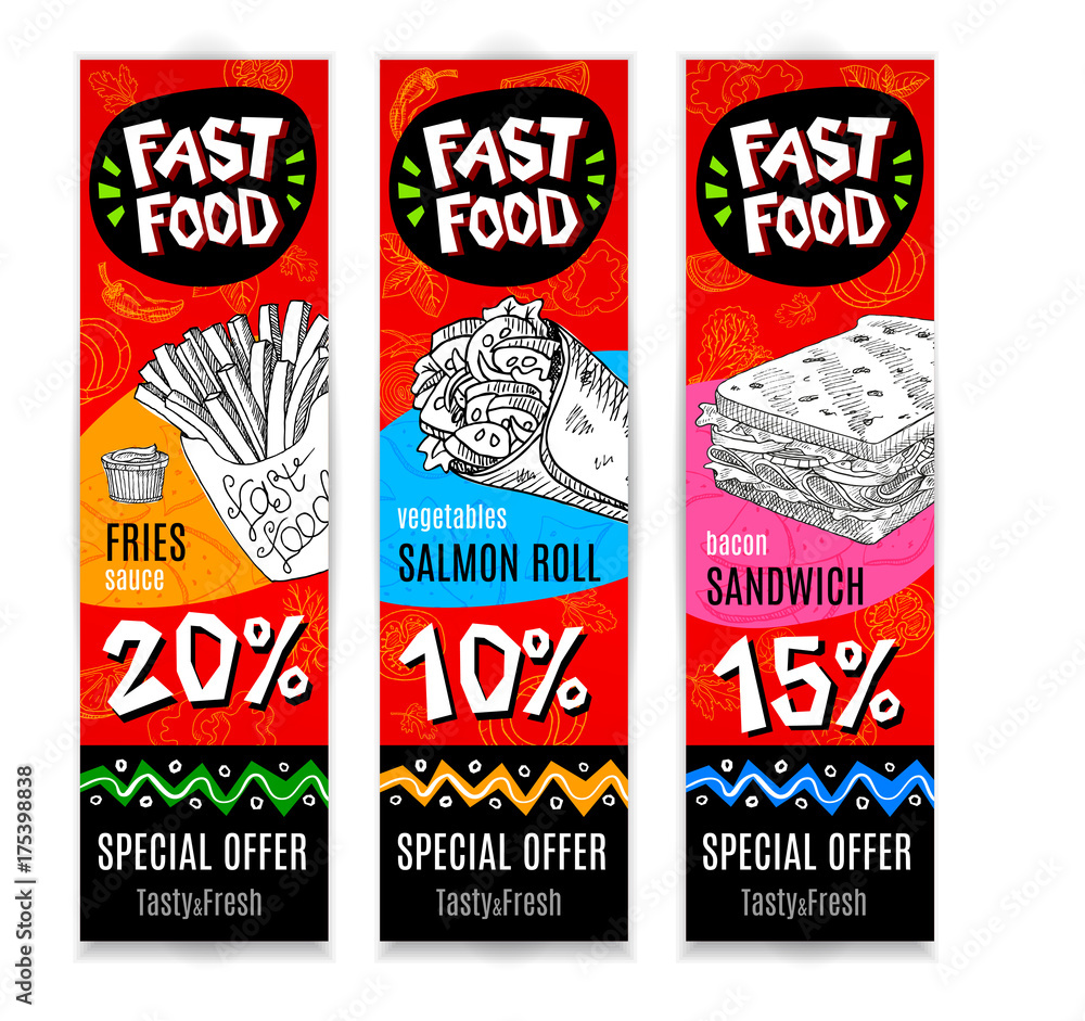 Fastfood colorful modern banners set.