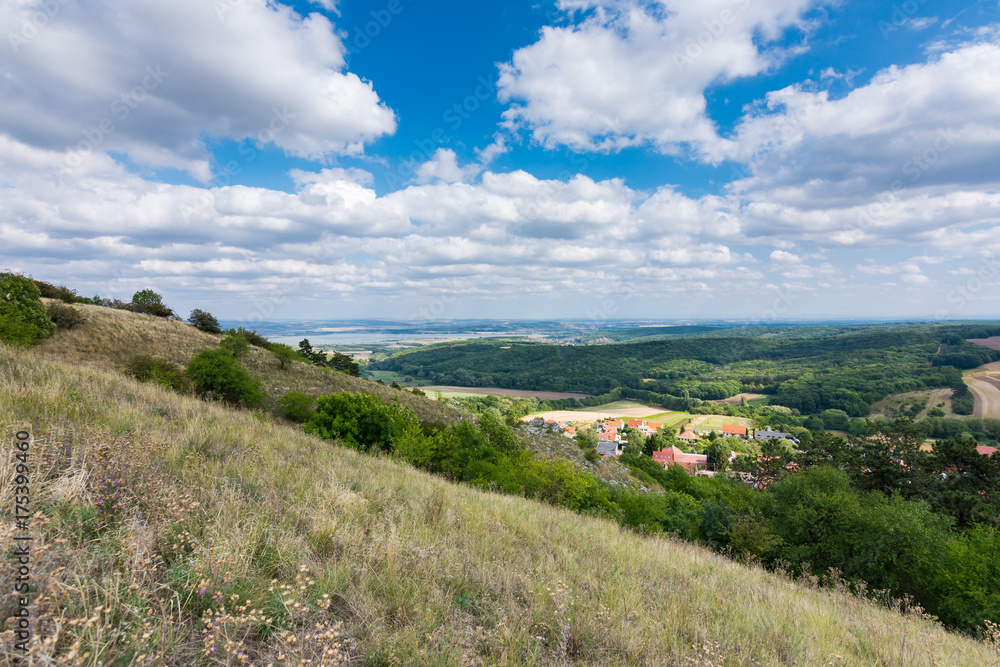 Landscape view of small village, meadow and agriculture. Forest on the right side with green trees, blue sky, clouds