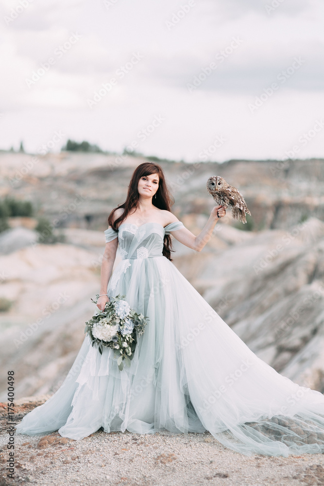 bride with owls and printing, the bride's bouquet and the sunset