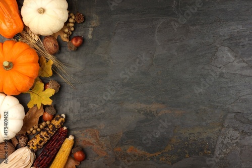 Autumn harvest side border with pumpkins, leaves and nuts over a slate stone background