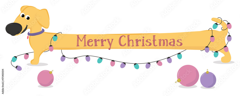 New 2018. The Chinese year of the yellow dog. Congratulations on the funny yellow dog breed Dachshund and Christmas lights. Colorful vector illustration in cartoon style. New 2018. The Chinese year of the yellow dog. Congratulations on the funny yellow dog breed Dachshund and Christmas lights. Colorful vector illustration in cartoon style.