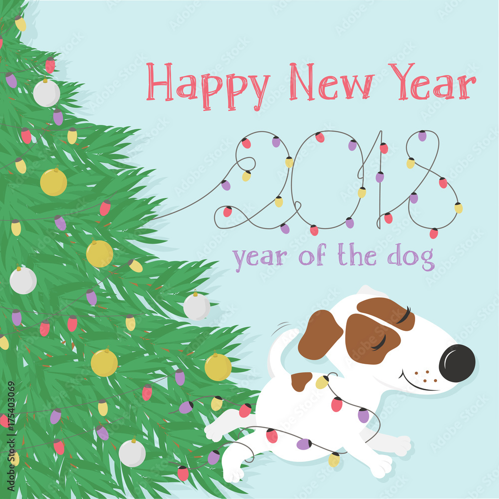 New 2018.Greetings with funny dog near decorated Christmas tree and Christmas lights. Colorful vector illustration in cartoon style.