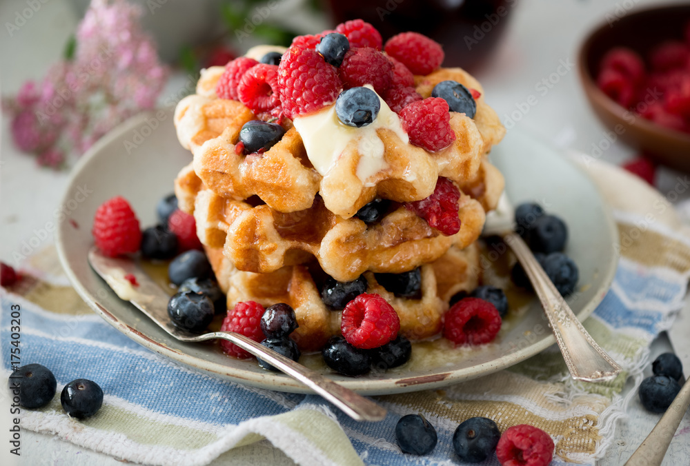 Delicious Belgium Waffles in Rustic Setting Delicious Belgium Waffles in Rustic Setting