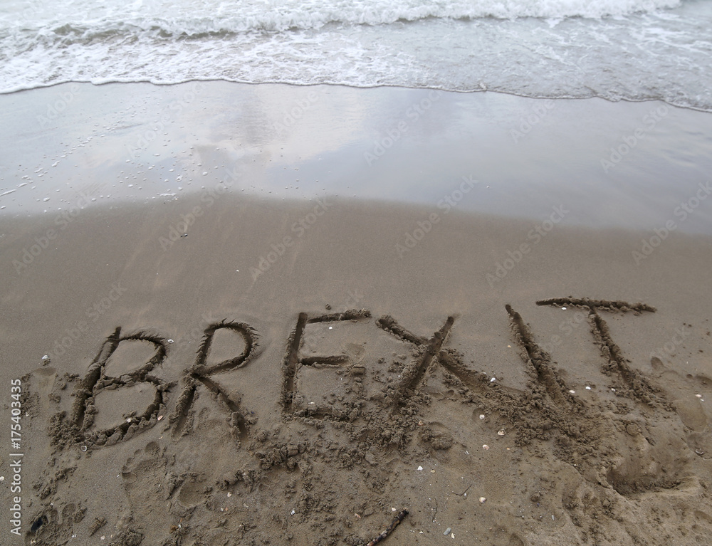 Fototapeta premium text BREXIT on the sand of the sea waiting to be erased by the w