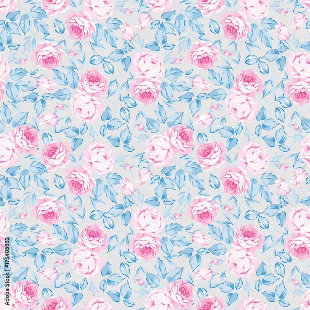 Seamless floral pattern with pastel pink roses, blue leaves on a light gray background Seamless floral pattern with pastel pink roses, blue leaves on a light gray background