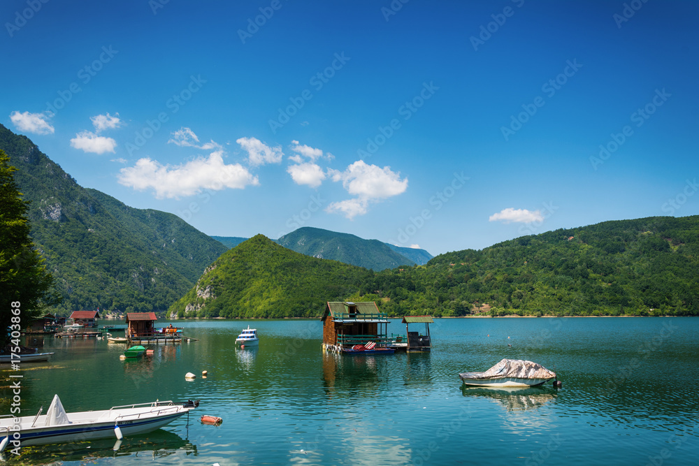 Perucac, Serbia July 31, 2017: Houseboats of Perucac lake, Tara National Park (Serbia) 