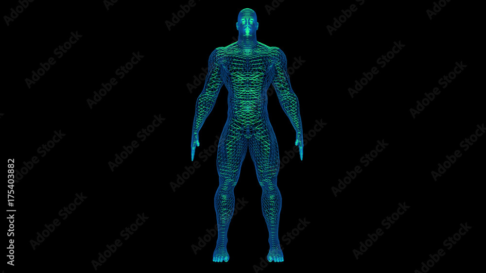 Wireframe 3d man with glowing green filaments inside body Wireframe 3d man with glowing green filaments inside body
