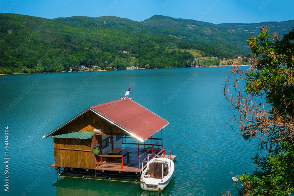 Fototapeta premium Perucac, Serbia July 31, 2017: Houseboats of Perucac lake, Tara National Park (Serbia) 