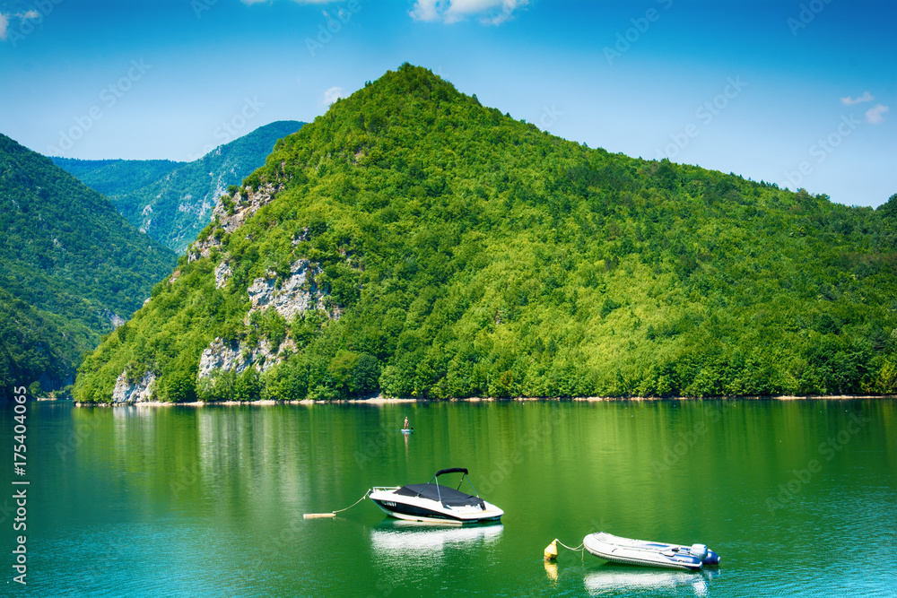 Perucac, Serbia July 31, 2017: Perucac Lake View In Tara National Park, Serbia - obrazy, fototapety, plakaty 
