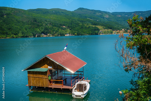 Perucac, Serbia July 31, 2017: Houseboats of Perucac lake, Tara National Park (Serbia)  photo