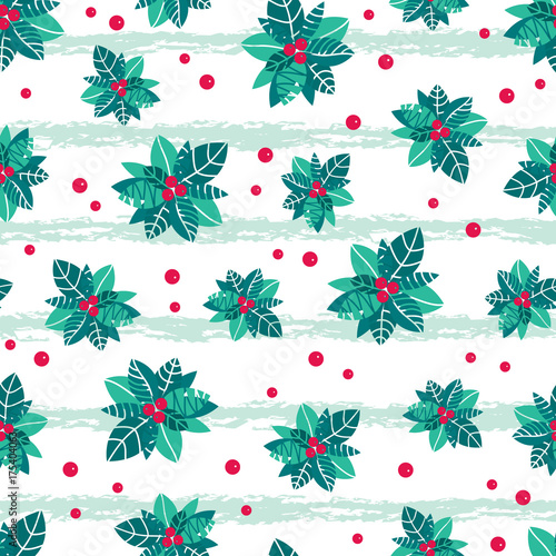 Vector holly berry grunge stripes holiday seamless pattern background. Great for winter themed packaging, giftwrap, gifts projects.