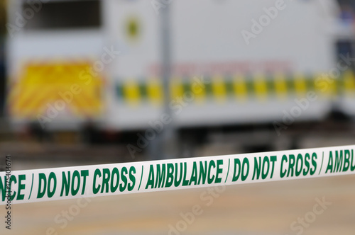 Ambulance cordon tape seal off an area for medical staff to work at a major incident.