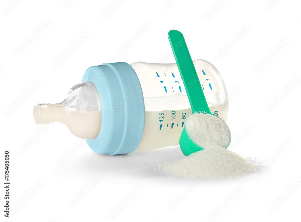 Baby bottle with milk formula on white background