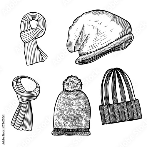 set of woolen winter clothes, hats and scarves