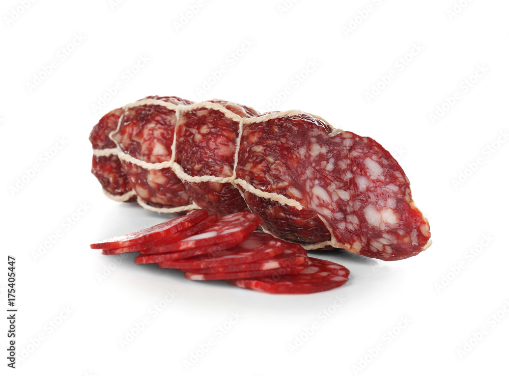 Delicious sliced sausage on white background