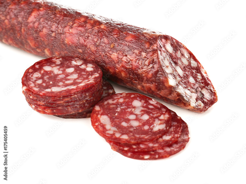 Delicious sliced sausage on white background Delicious sliced sausage on white background