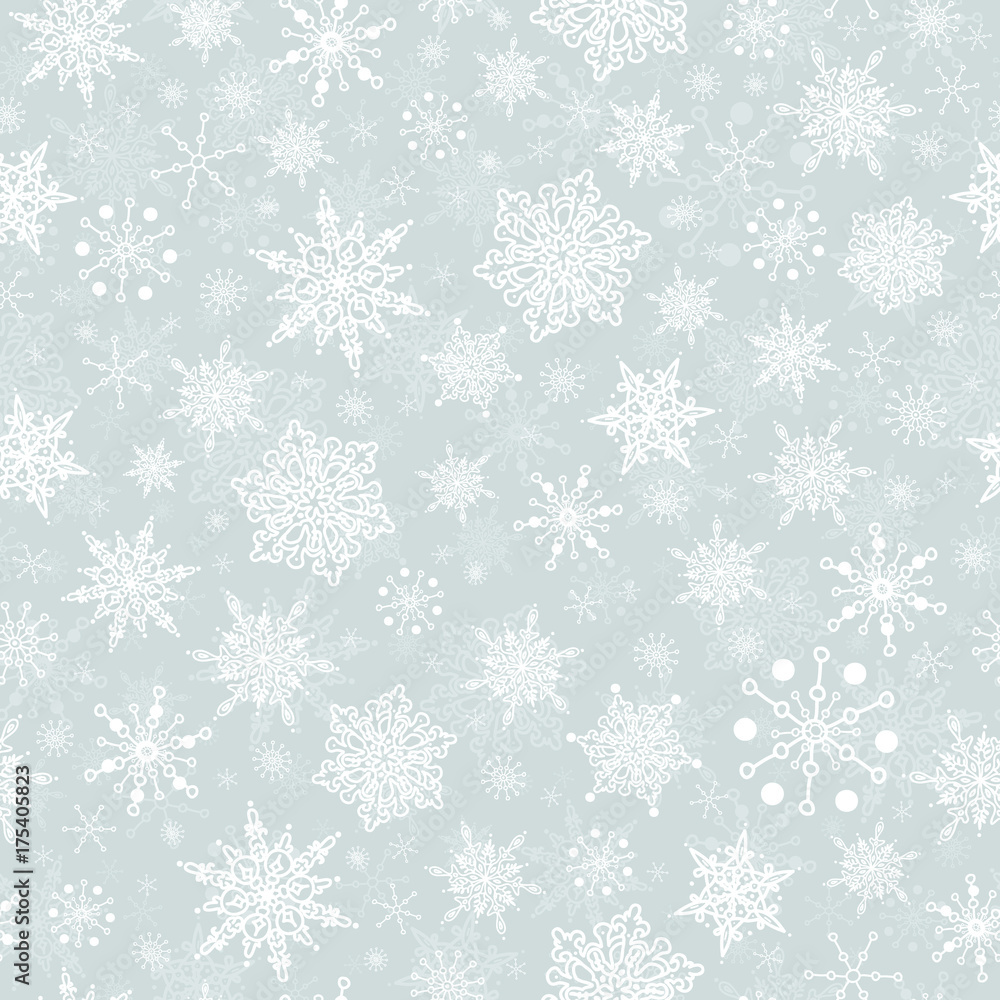 Vector silver grey hand drawn christmass snowflakes repeat seamless pattern background. Can be used for fabric, wallpaper, stationery, packaging.
