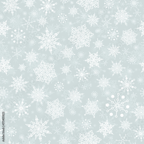 Vector silver grey hand drawn christmass snowflakes repeat seamless pattern background. Can be used for fabric, wallpaper, stationery, packaging.