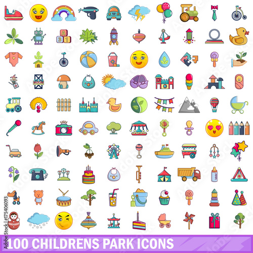 100 childrens park icons set, cartoon style 