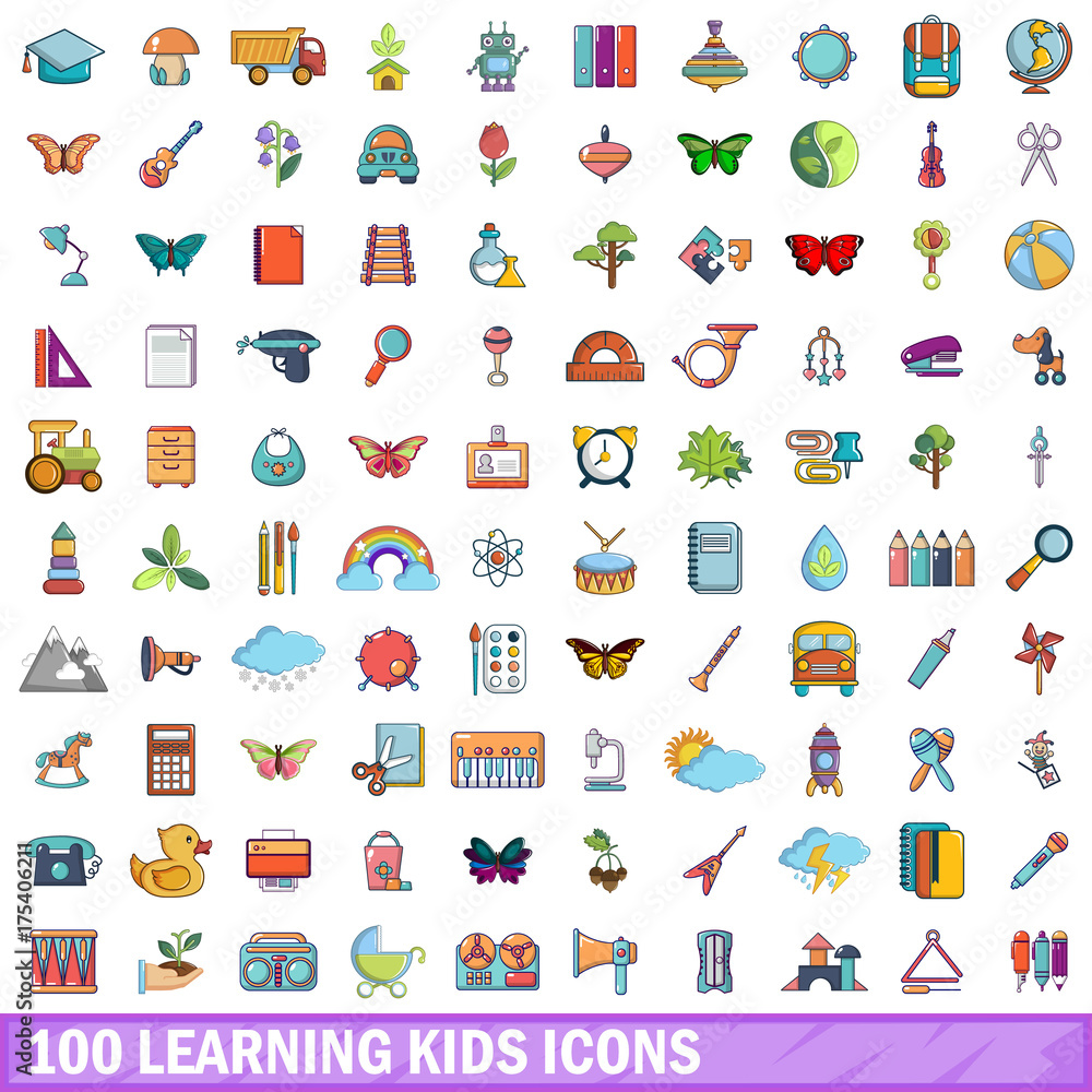 100 learning kids icons set, cartoon style 100 learning kids icons set, cartoon style