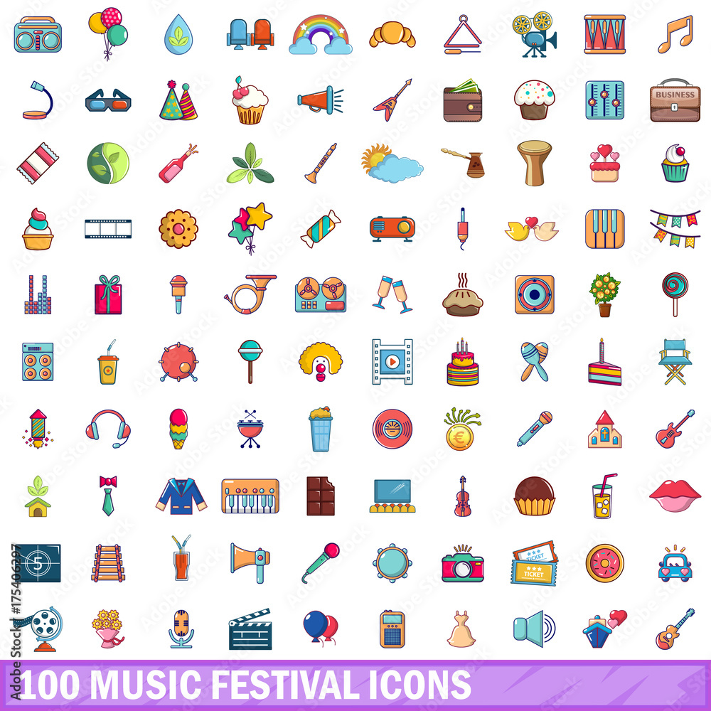 Fototapeta premium 100 music festival icons set, cartoon style 