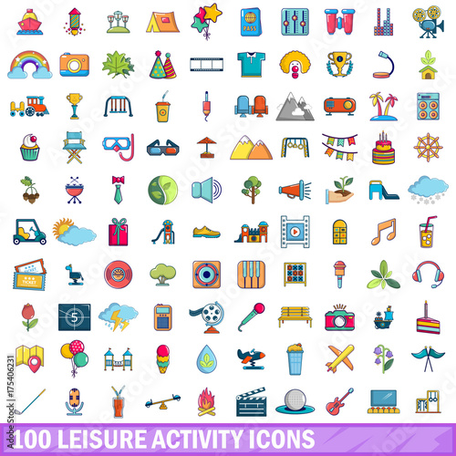 100 leisure activity icons set, cartoon style 