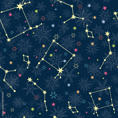 Vector dark blue and yellow stars constellations with hand drawn christmass s...